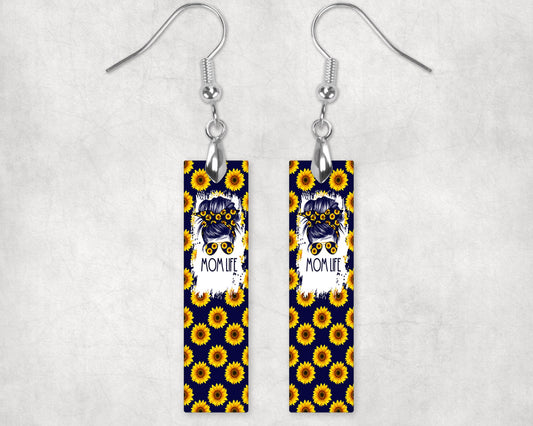 Navy Blue Sunflowers Mom Life Printed Wood Dangle Earrings Hypoallergenic Jewelry Handmade