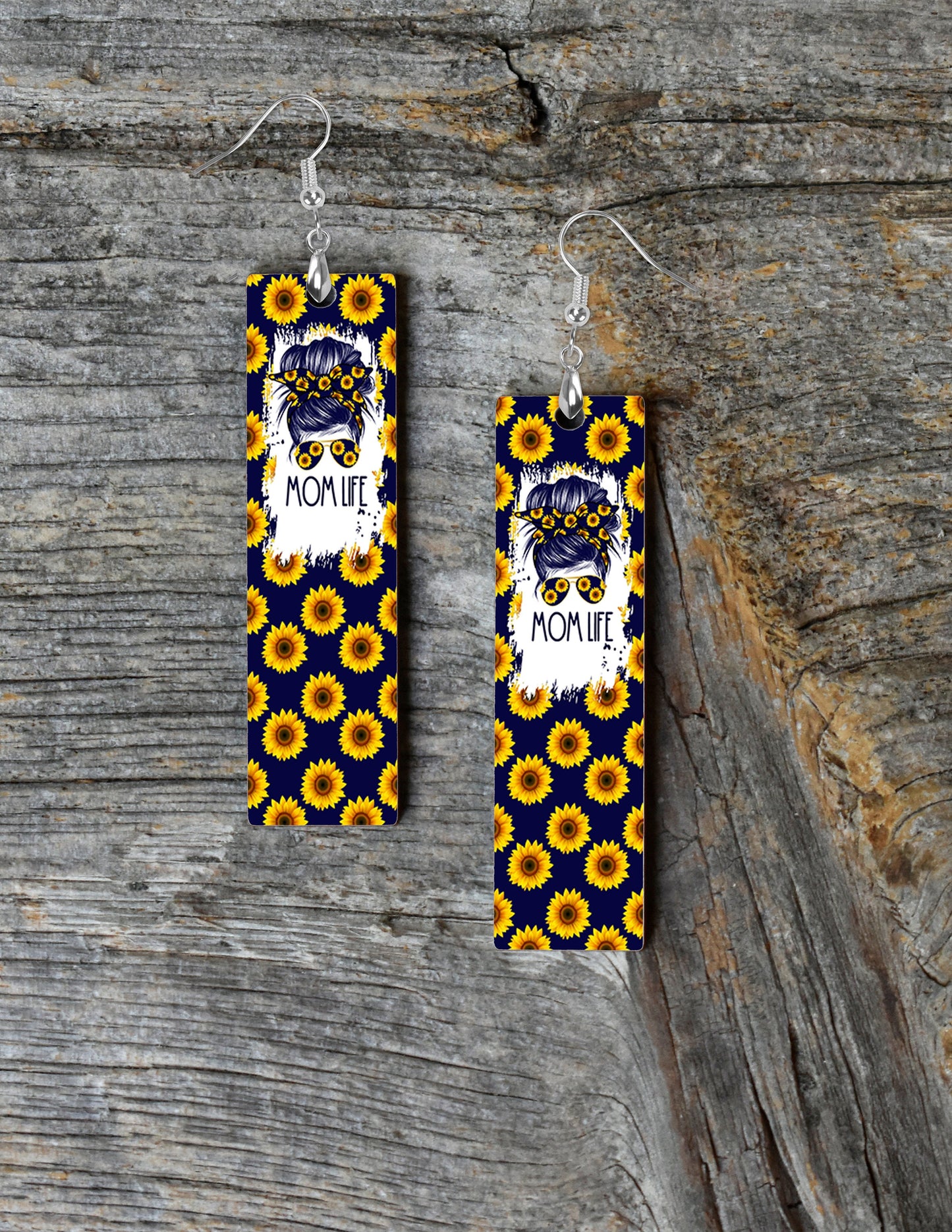 Navy Blue Sunflowers Mom Life Printed Wood Dangle Earrings Hypoallergenic Jewelry Handmade