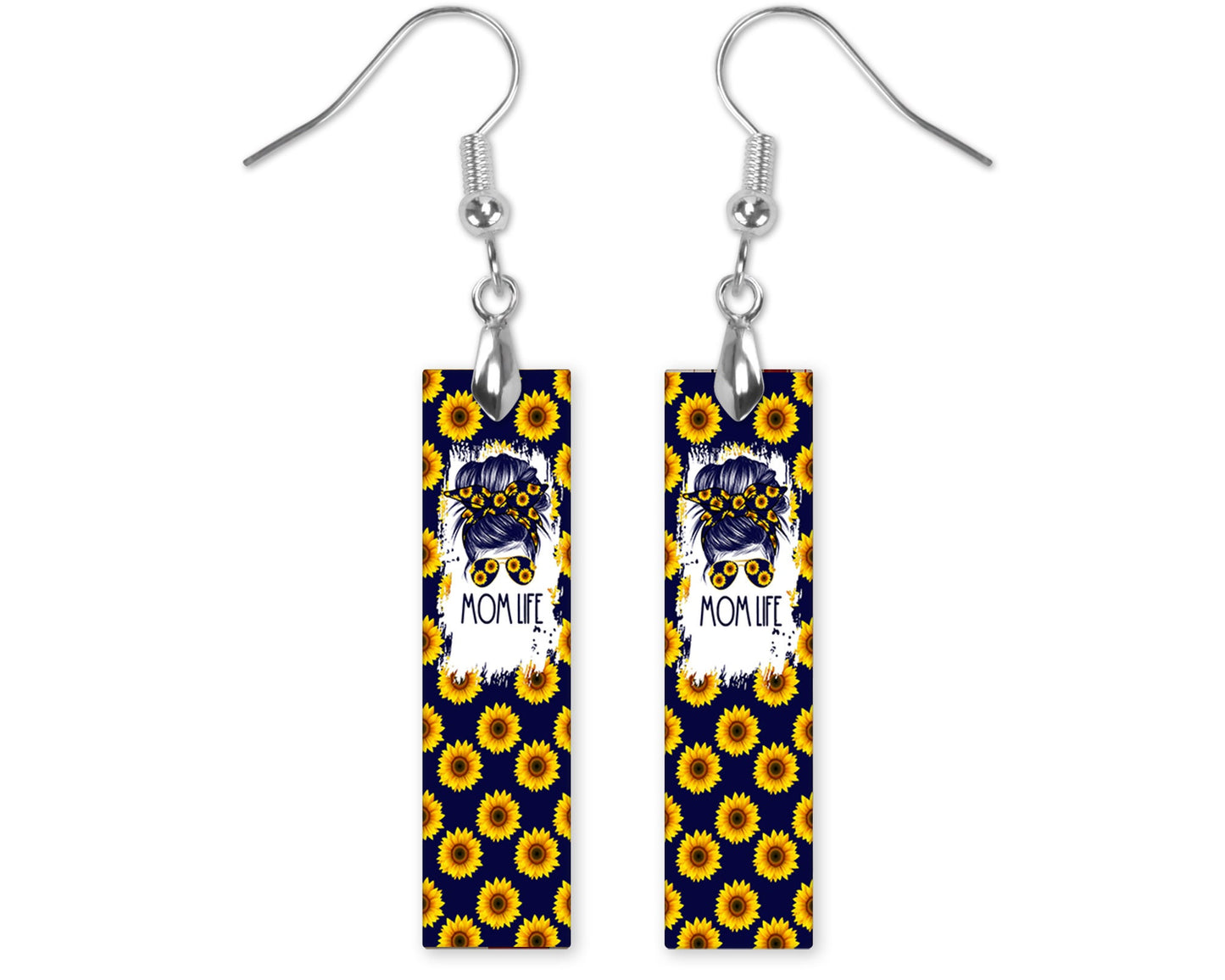 Navy Blue Sunflowers Mom Life Printed Wood Dangle Earrings Hypoallergenic Jewelry Handmade