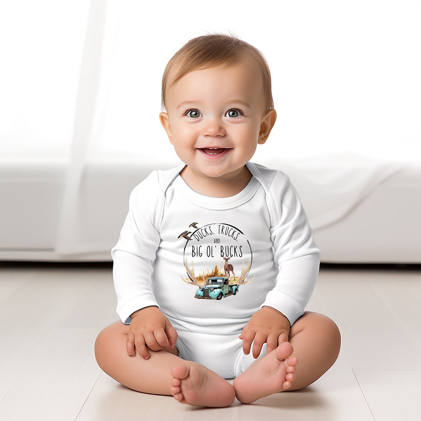 Baby Bodysuit, Ducks, Trucks and Bucks One Piece Baby Suit, Baby Gift, Long / Short Sleeve, 0-18 Months size