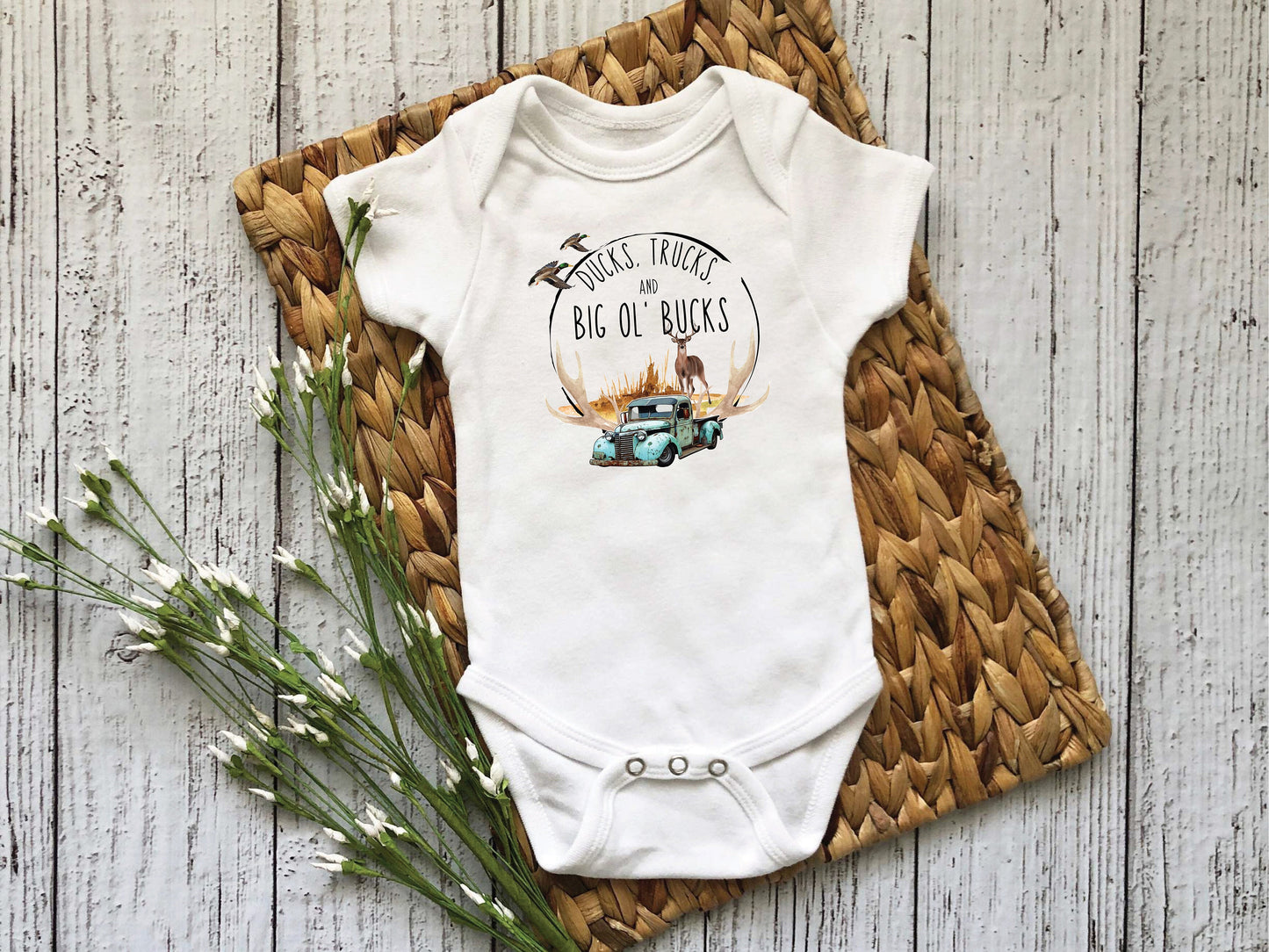 Baby Bodysuit, Ducks, Trucks and Bucks One Piece Baby Suit, Baby Gift, Long / Short Sleeve, 0-18 Months size