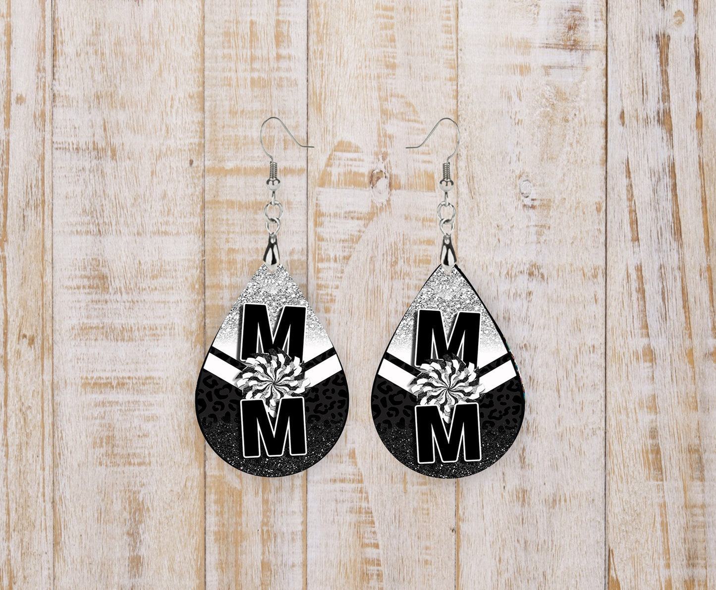 Black and Silver Cheer Mom, Tear Drop Dangle Printed Earrings Jewelry Handmade