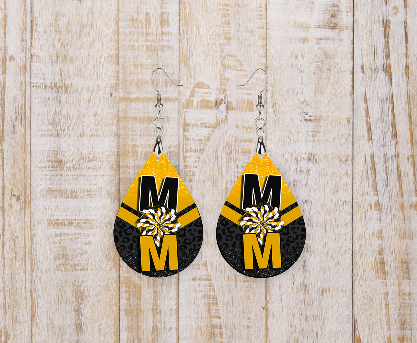 Gold and Black Cheer Mom, Tear Drop Dangle Printed Earrings Jewelry Handmade