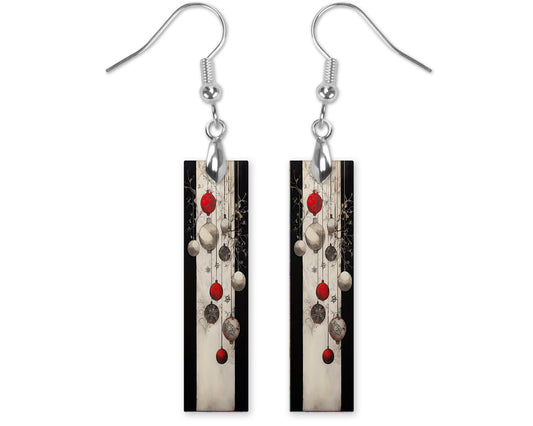 Red White and Black Ornaments Christmas Printed Wood Dangle Earrings Hypoallergenic Jewelry Handmade