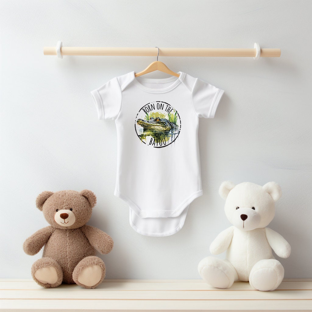 Baby Bodysuit, Born on the Bayou Alligator Piece Baby Suit, Baby Gift, Long / Short Sleeve, 0-18 Months size