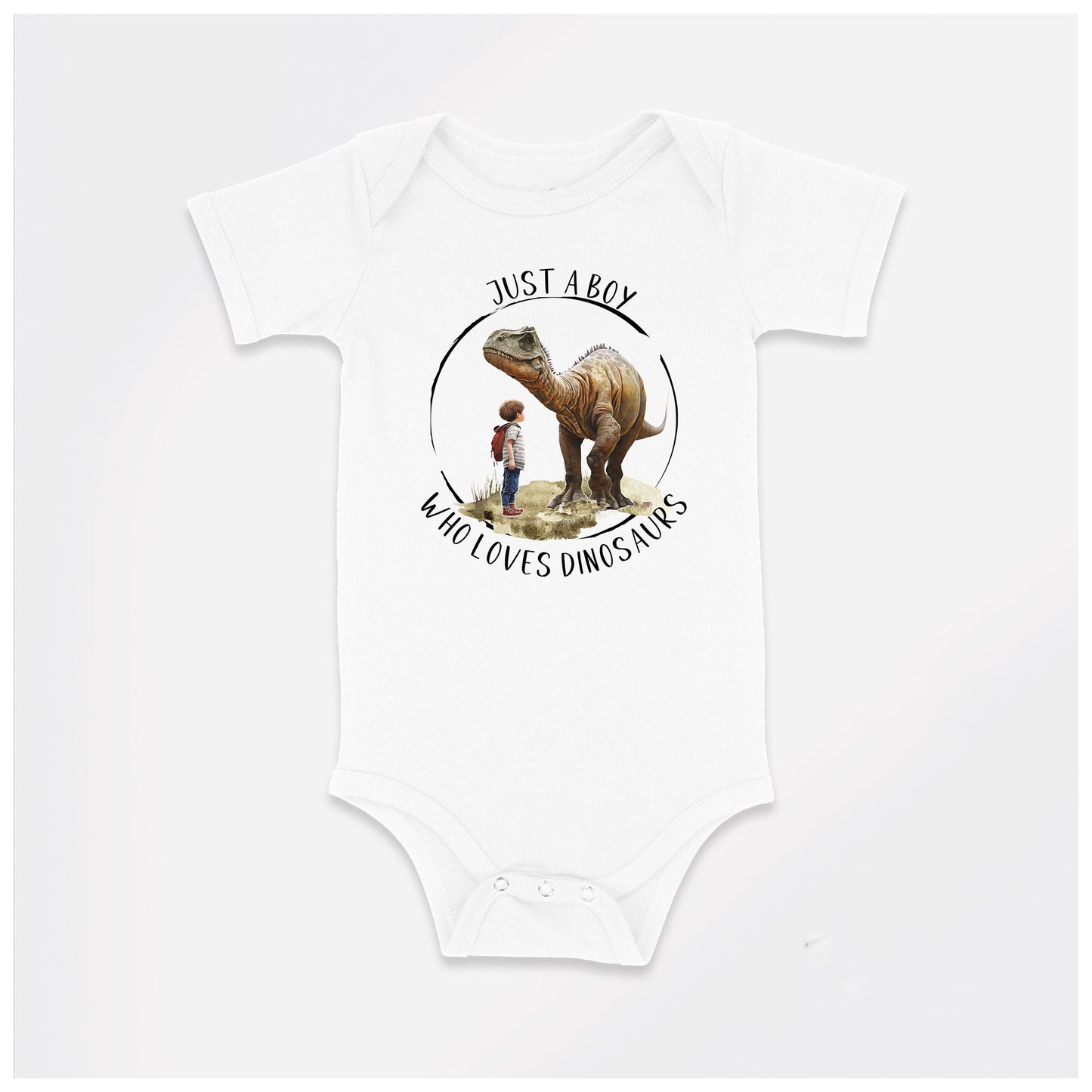 Baby Bodysuit, Just a Boy Who Loves Dinosaurs One Piece Baby Suit, Baby Gift, Long / Short Sleeve, 0-18 Months size