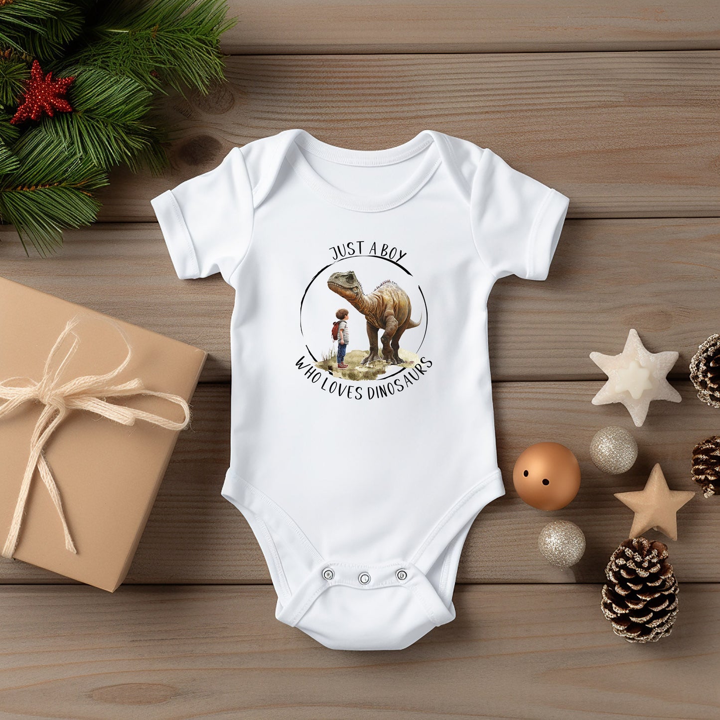 Baby Bodysuit, Just a Boy Who Loves Dinosaurs One Piece Baby Suit, Baby Gift, Long / Short Sleeve, 0-18 Months size