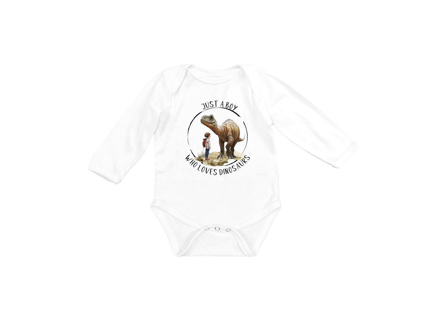 Baby Bodysuit, Just a Boy Who Loves Dinosaurs One Piece Baby Suit, Baby Gift, Long / Short Sleeve, 0-18 Months size