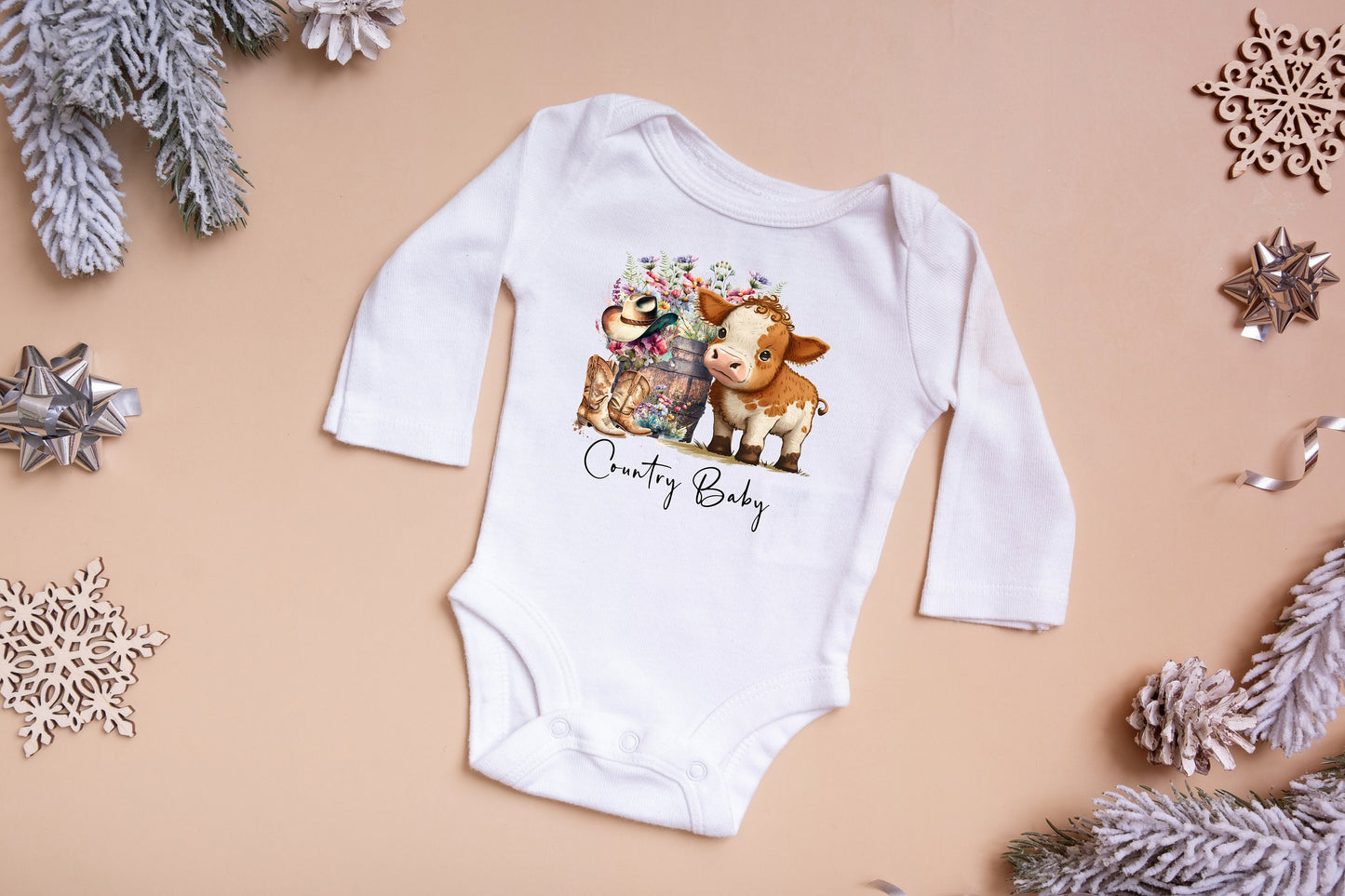 Baby Bodysuit, Country Baby Cow One Piece Baby Suit, Baby Gift, Long / Short Sleeve, 0-18 Months size