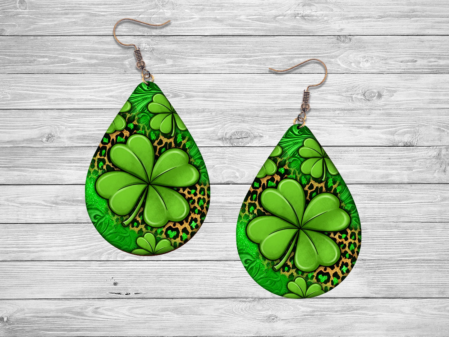 4 Leaf Clover Earrings Print Tear Drop Wood Dangle Earrings Hypoallergenic Jewelry