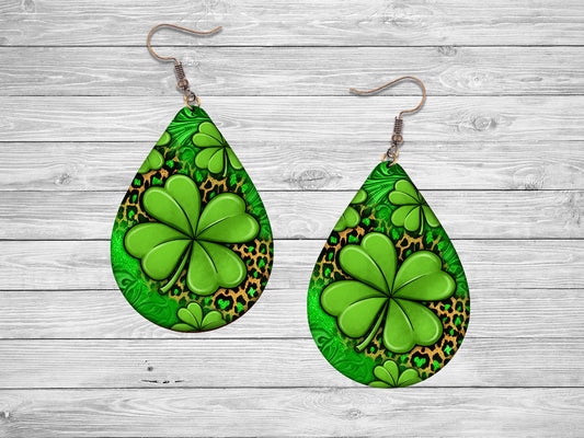 4 Leaf Clover Earrings Print Tear Drop Wood Dangle Earrings Hypoallergenic Jewelry