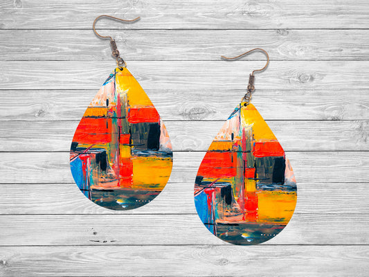 Abstract Graffiti Earrings Print Tear Drop Wood Dangle Earrings Hypoallergenic Jewelry