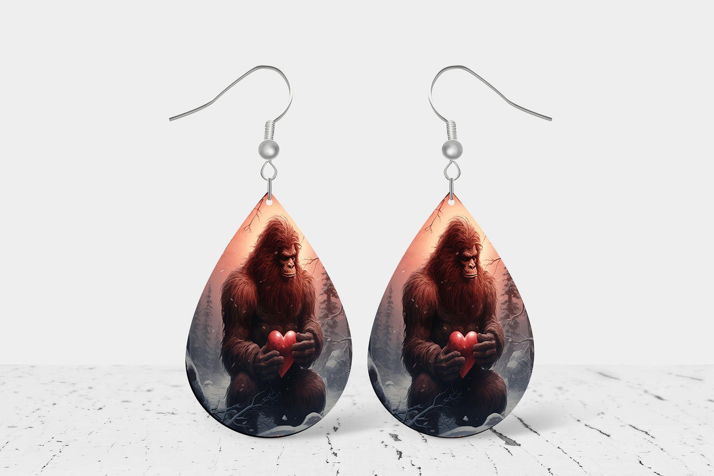 Bigfoot is my Valentine Earrings Print Tear Drop Wood Dangle Earrings Hypoallergenic Jewelry