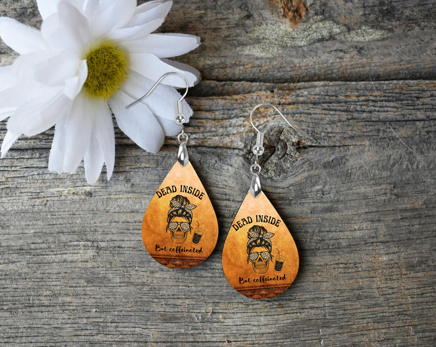 Dead Inside but Caffeinated Earrings Print Tear Drop Wood Dangle Earrings Hypoallergenic Jewelry