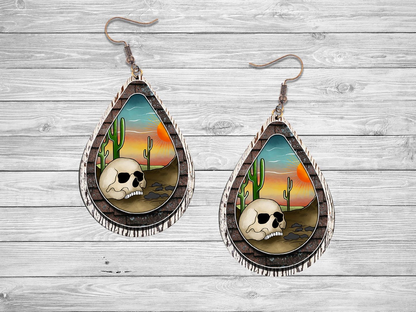 Desert Skull Earrings Print Tear Drop Wood Dangle Earrings Hypoallergenic Jewelry