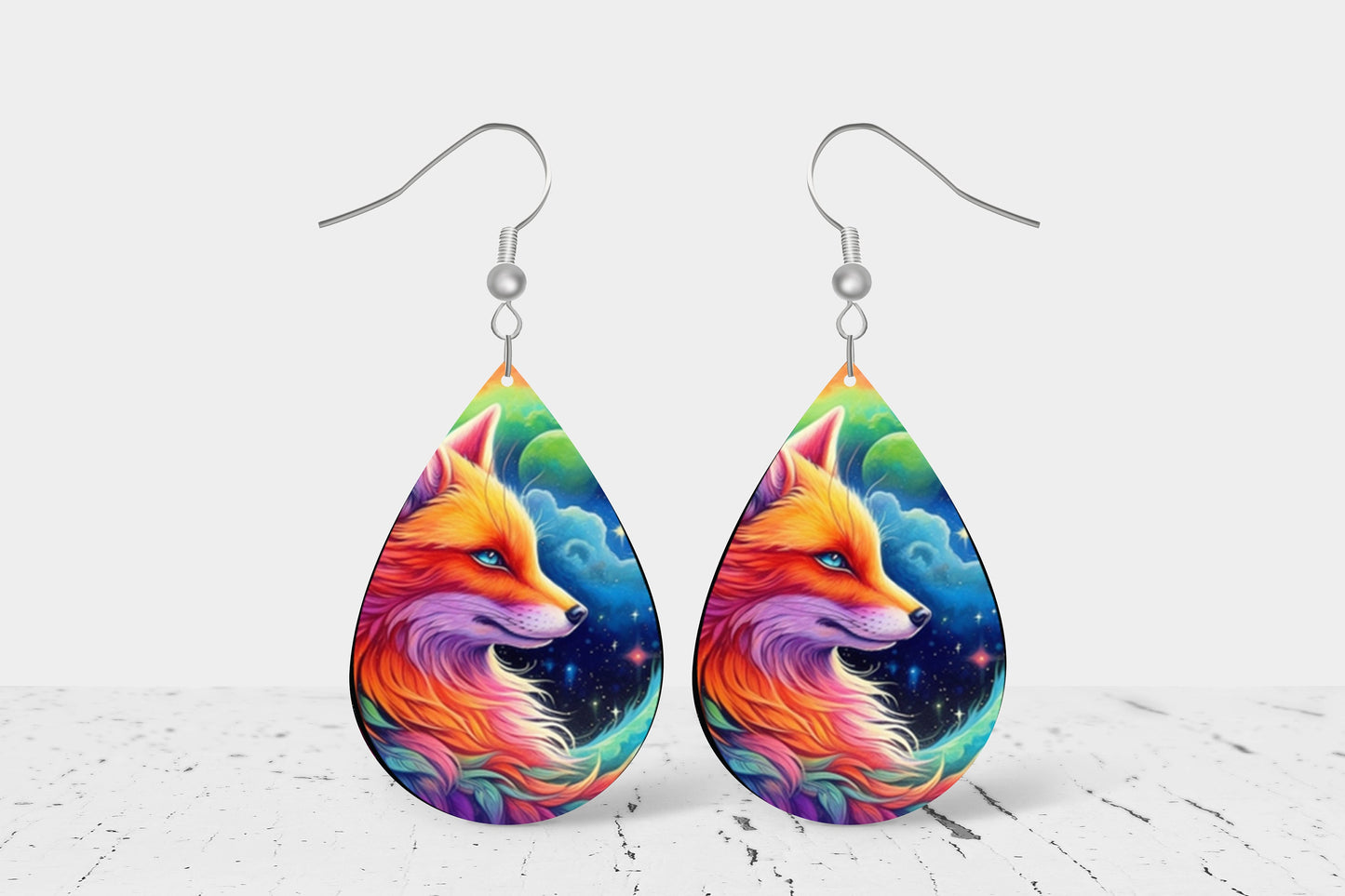 Fox in Clouds Earrings Print Teardrop Wood Dangle Earrings Hypoallergenic Jewelry