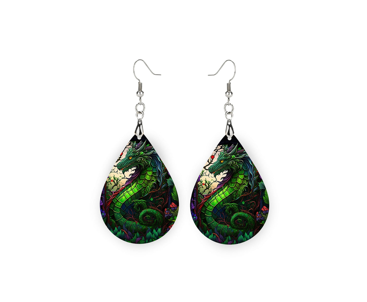 Green Dragon Earrings Print Tear Drop Wood Dangle Earrings Hypoallergenic Jewelry