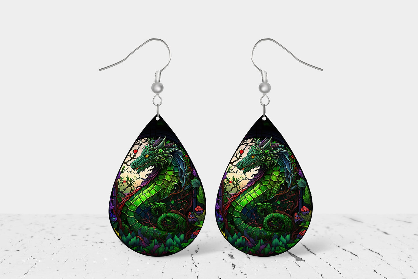 Green Dragon Earrings Print Tear Drop Wood Dangle Earrings Hypoallergenic Jewelry