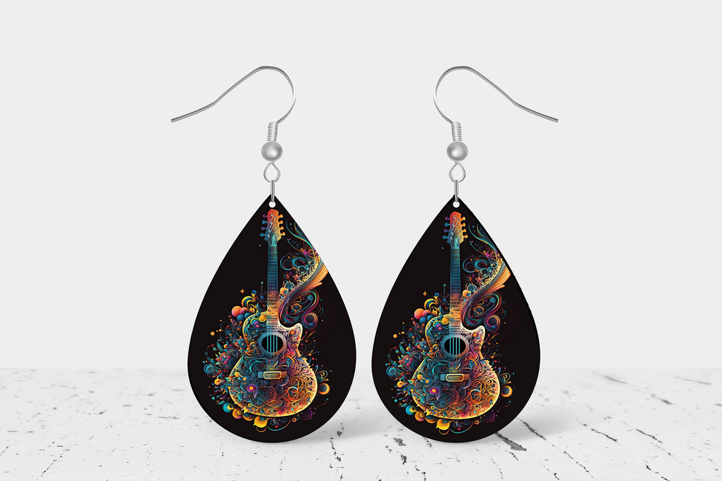 Guitar Swirls Earrings Print Teardrop Wood Dangle Earrings Hypoallergenic Jewelry