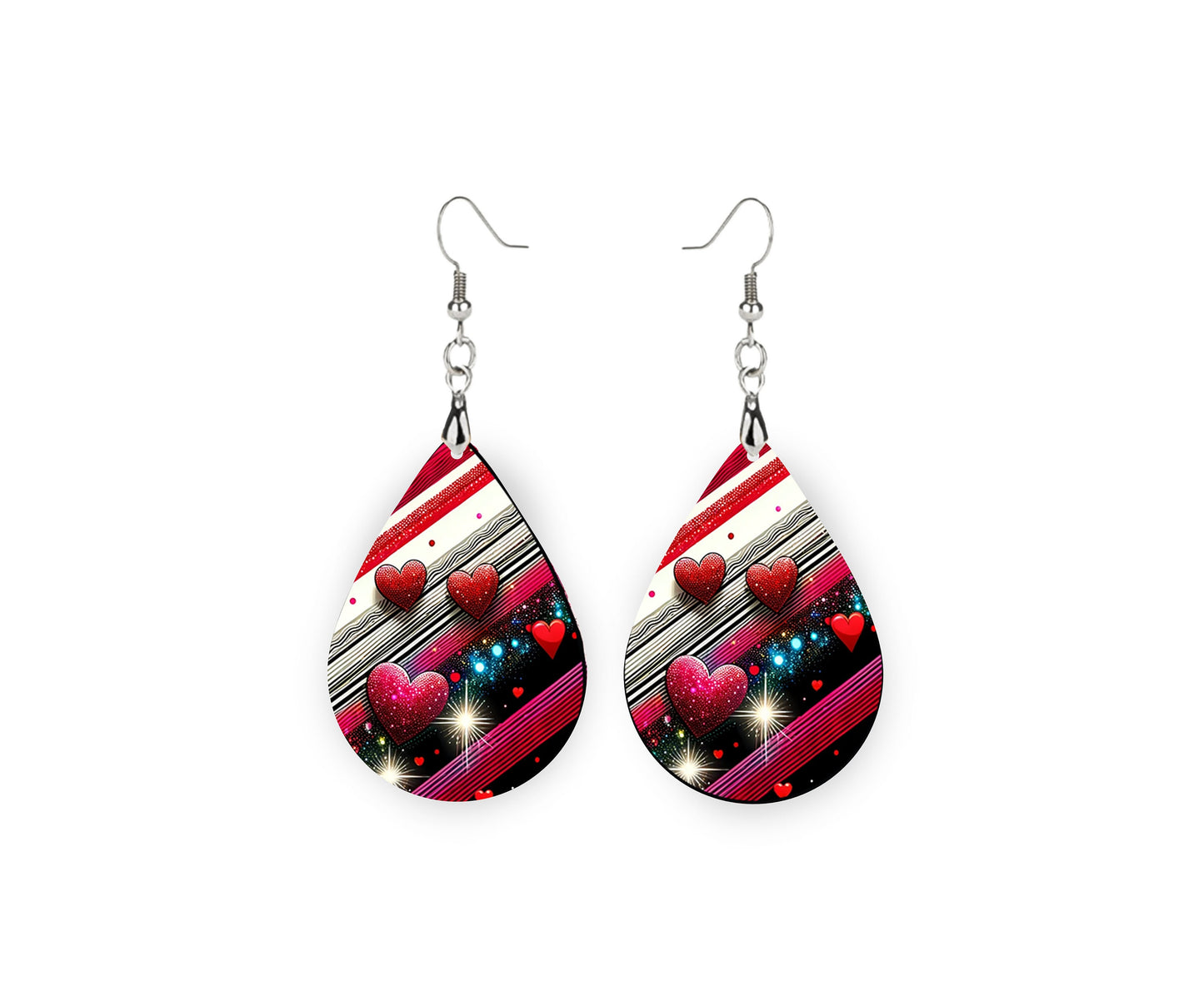 Heart and Stripes Earrings Print Teardrop Wood Dangle Earrings Hypoallergenic Jewelry