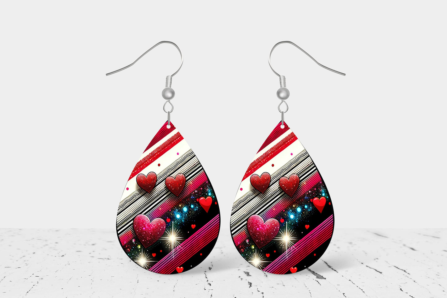 Heart and Stripes Earrings Print Teardrop Wood Dangle Earrings Hypoallergenic Jewelry