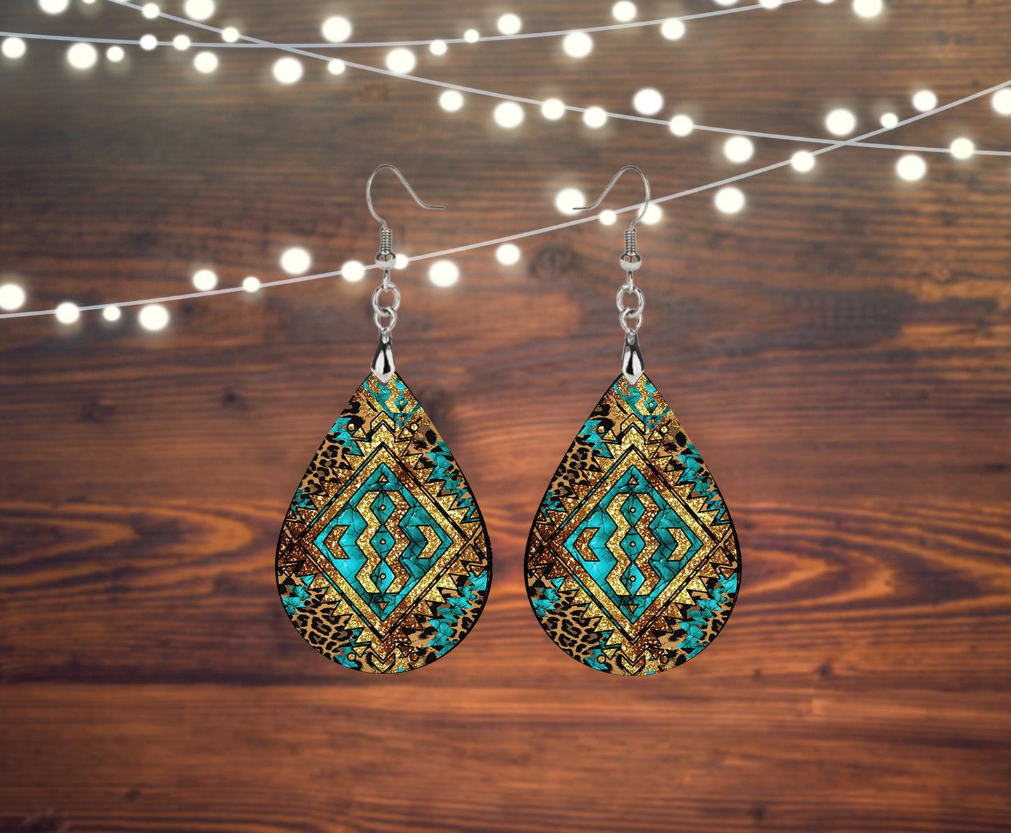 Aztec Medallion Earrings, Teardrop Dangle Printed Earrings Jewelry Handmade