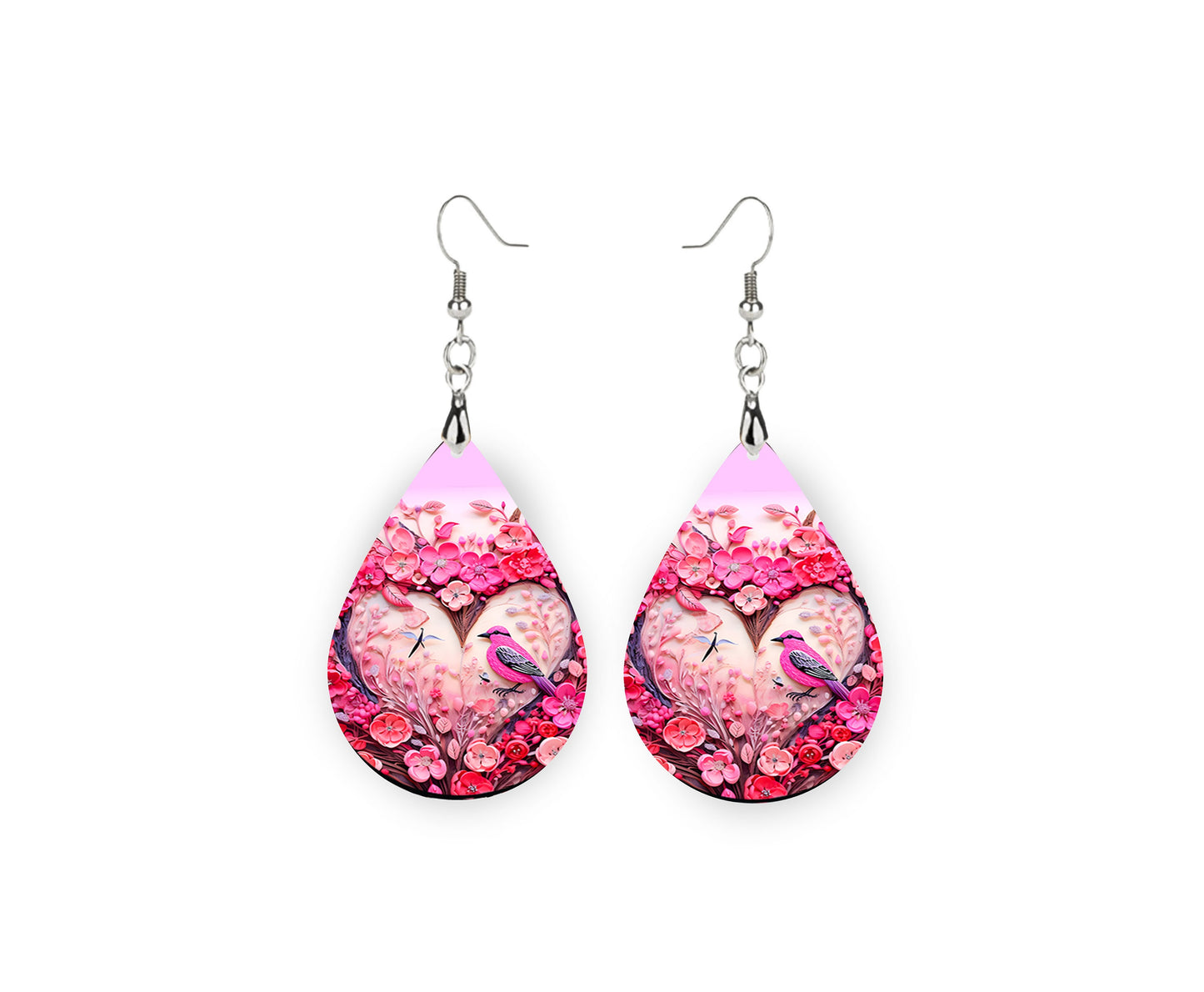 Bird in Heart Valentine's Day Earrings, Teardrop Dangle Printed Earrings Jewelry Handmade