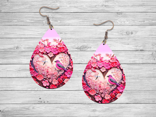 Bird in Heart Valentine's Day Earrings, Teardrop Dangle Printed Earrings Jewelry Handmade