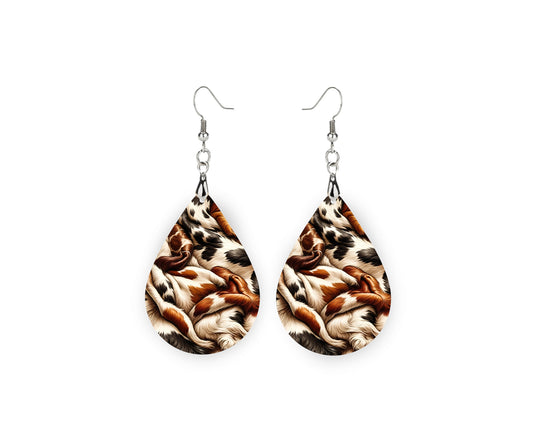 Cowhide Western Earrings, Teardrop Dangle Printed Earrings Jewelry Handmade