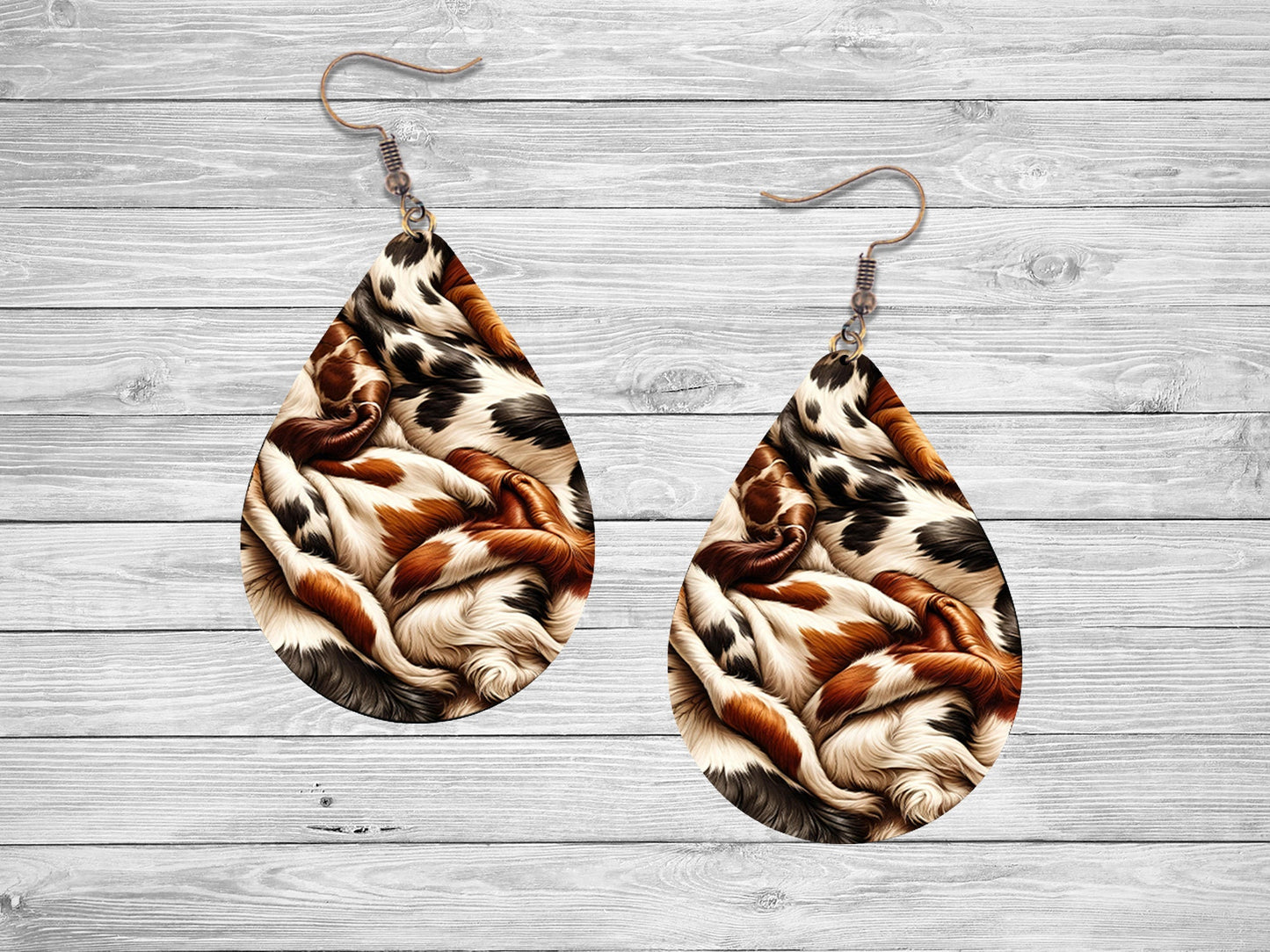 Cowhide Western Earrings, Teardrop Dangle Printed Earrings Jewelry Handmade