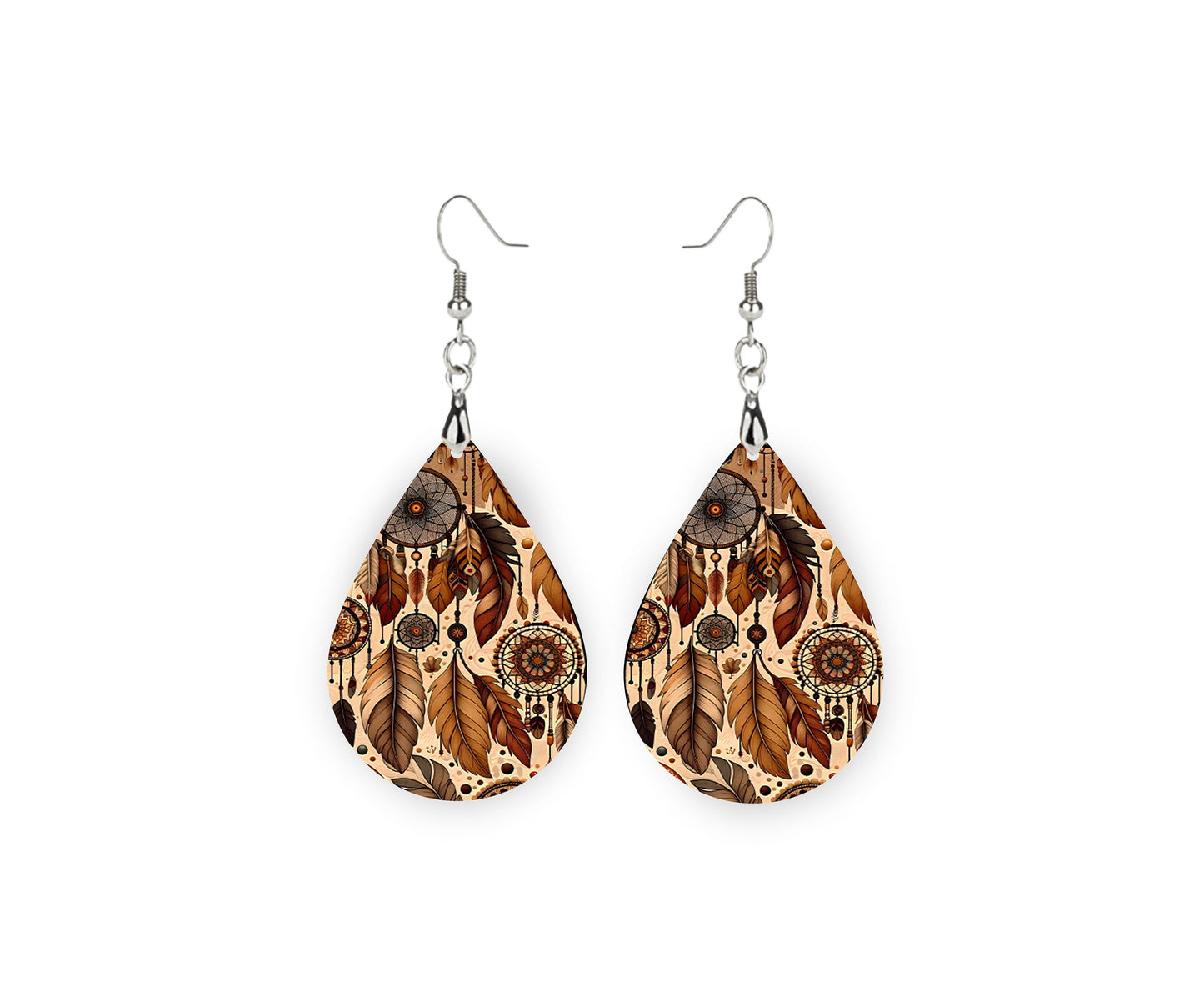 Dream Catchers and Feathers Western Earrings, Teardrop Dangle Printed Earrings Jewelry Handmade