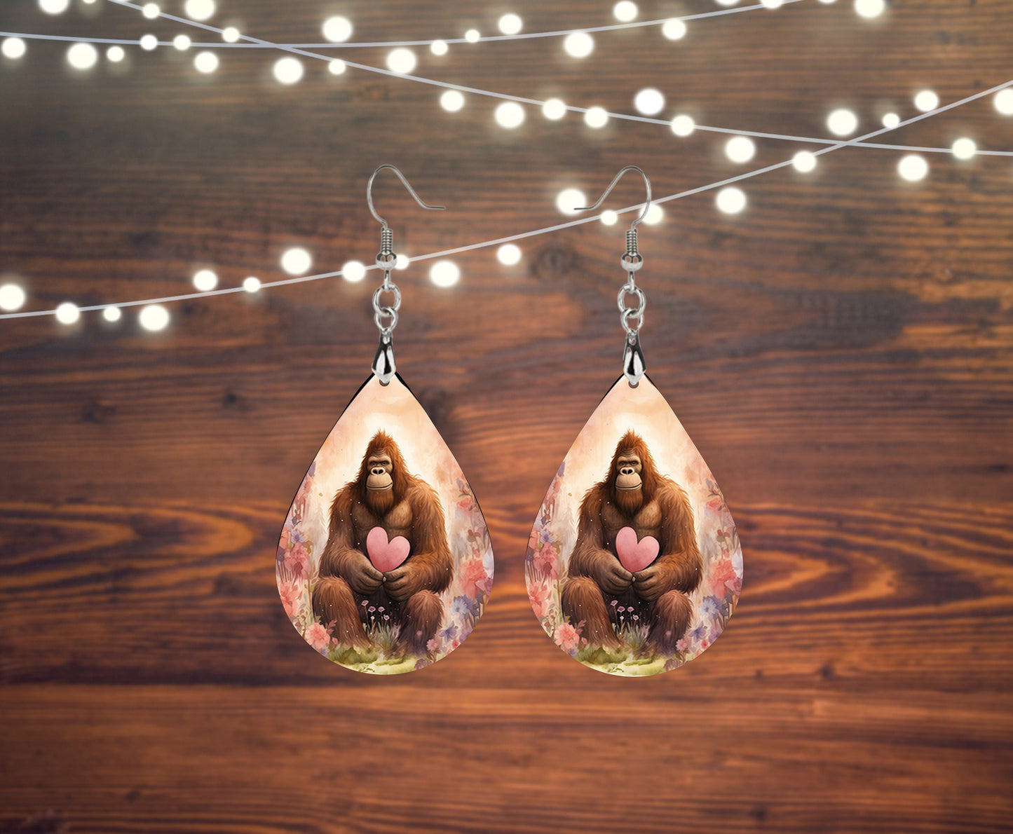 Happy Valentine's Day Bigfoot Earrings, Teardrop Dangle Printed Earrings Jewelry Handmade