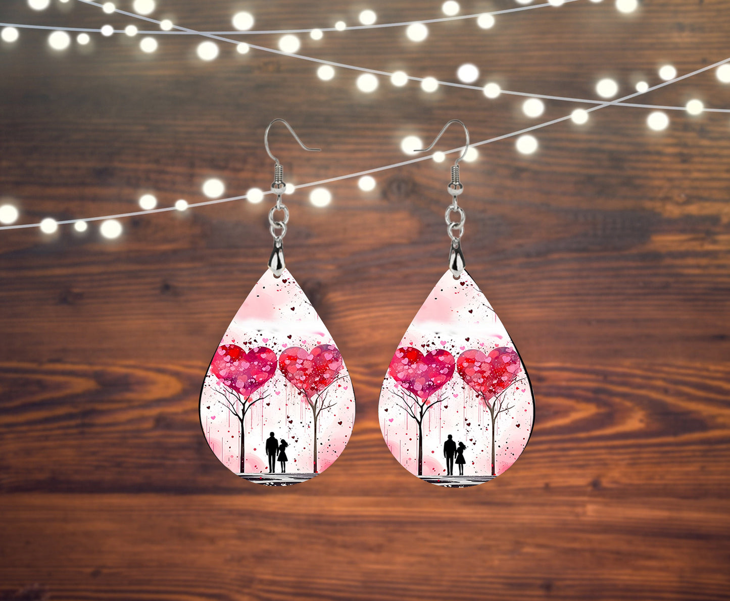 Heart Trees Valentine's Day Earrings, Teardrop Dangle Printed Earrings Jewelry Handmade