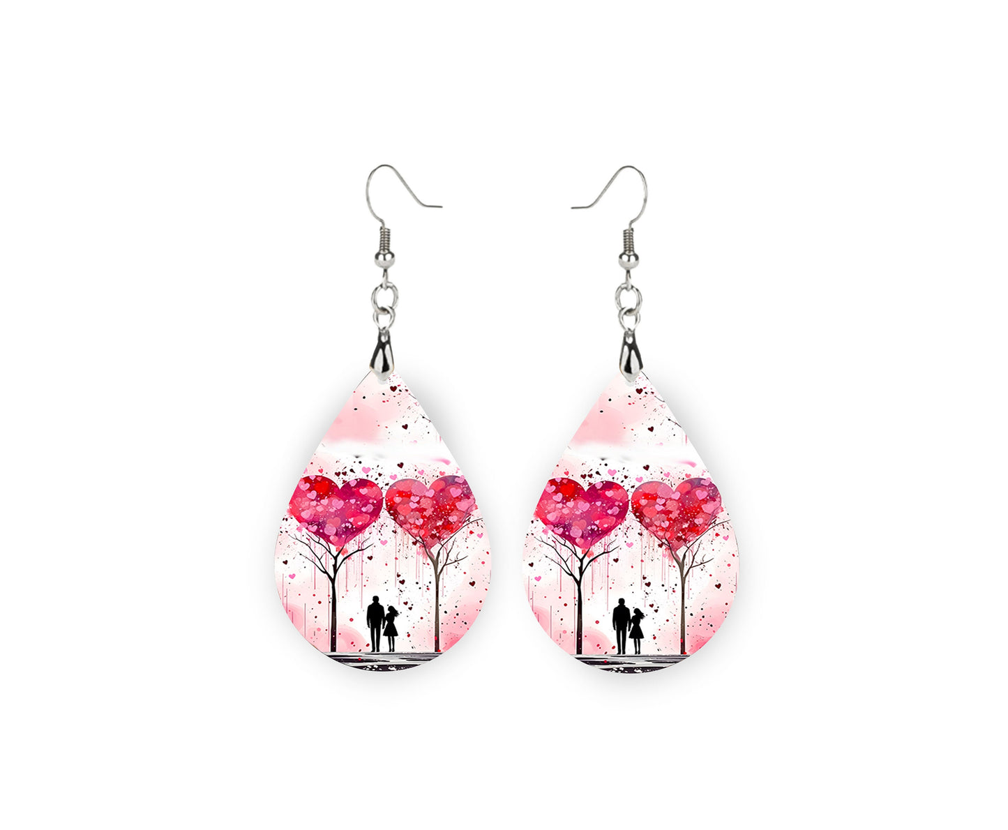 Heart Trees Valentine's Day Earrings, Teardrop Dangle Printed Earrings Jewelry Handmade