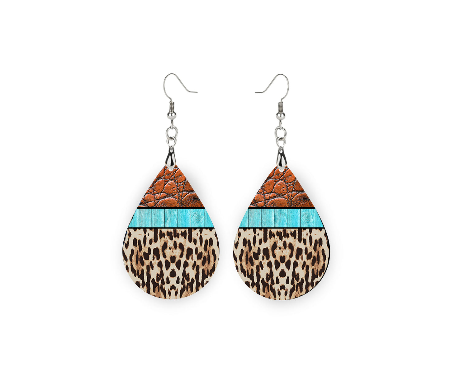 Leather and Leopard Print Western Earrings, Teardrop Dangle Printed Earrings Jewelry Handmade