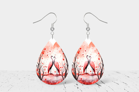 Love Birds Valentine's Day Earrings, Teardrop Dangle Printed Earrings Jewelry Handmade