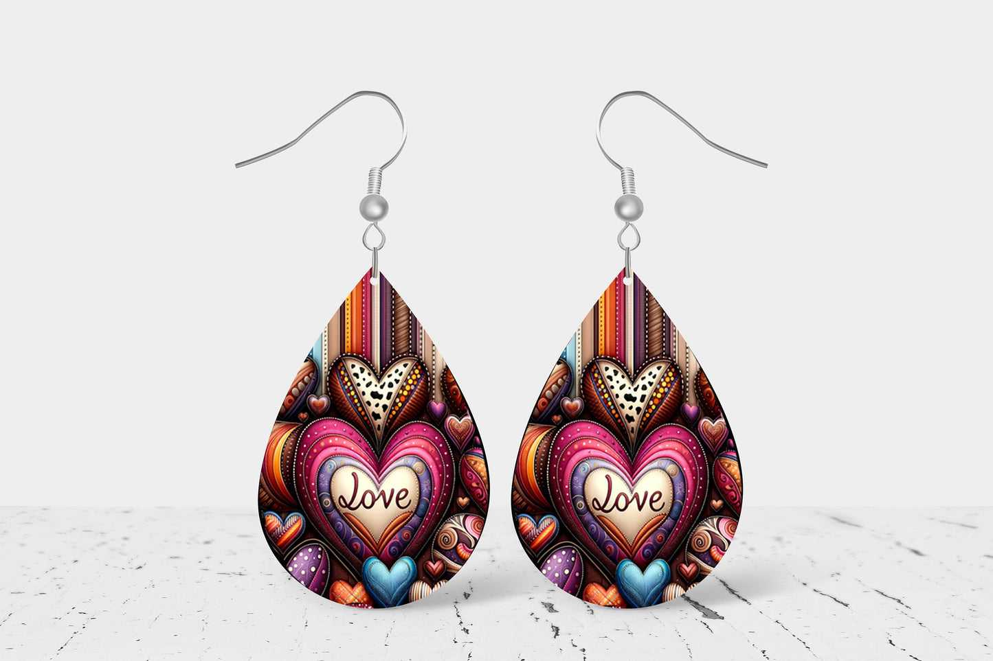 Love Quilted Heart Valentine's Day Earrings, Teardrop Dangle Printed Earrings Jewelry Handmade