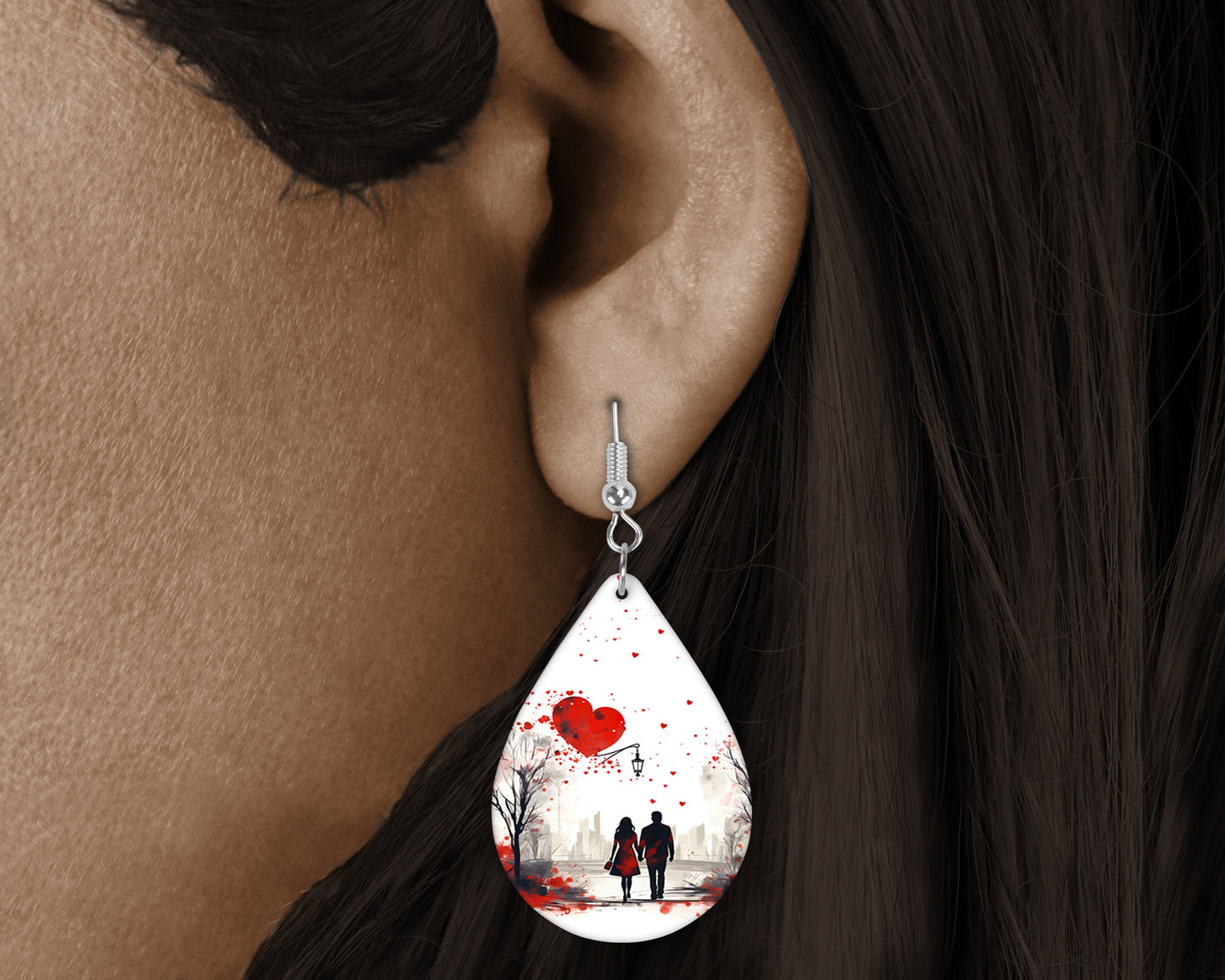 Lover's Stroll Valentine's Day Earrings, Teardrop Dangle Printed Earrings Jewelry Handmade