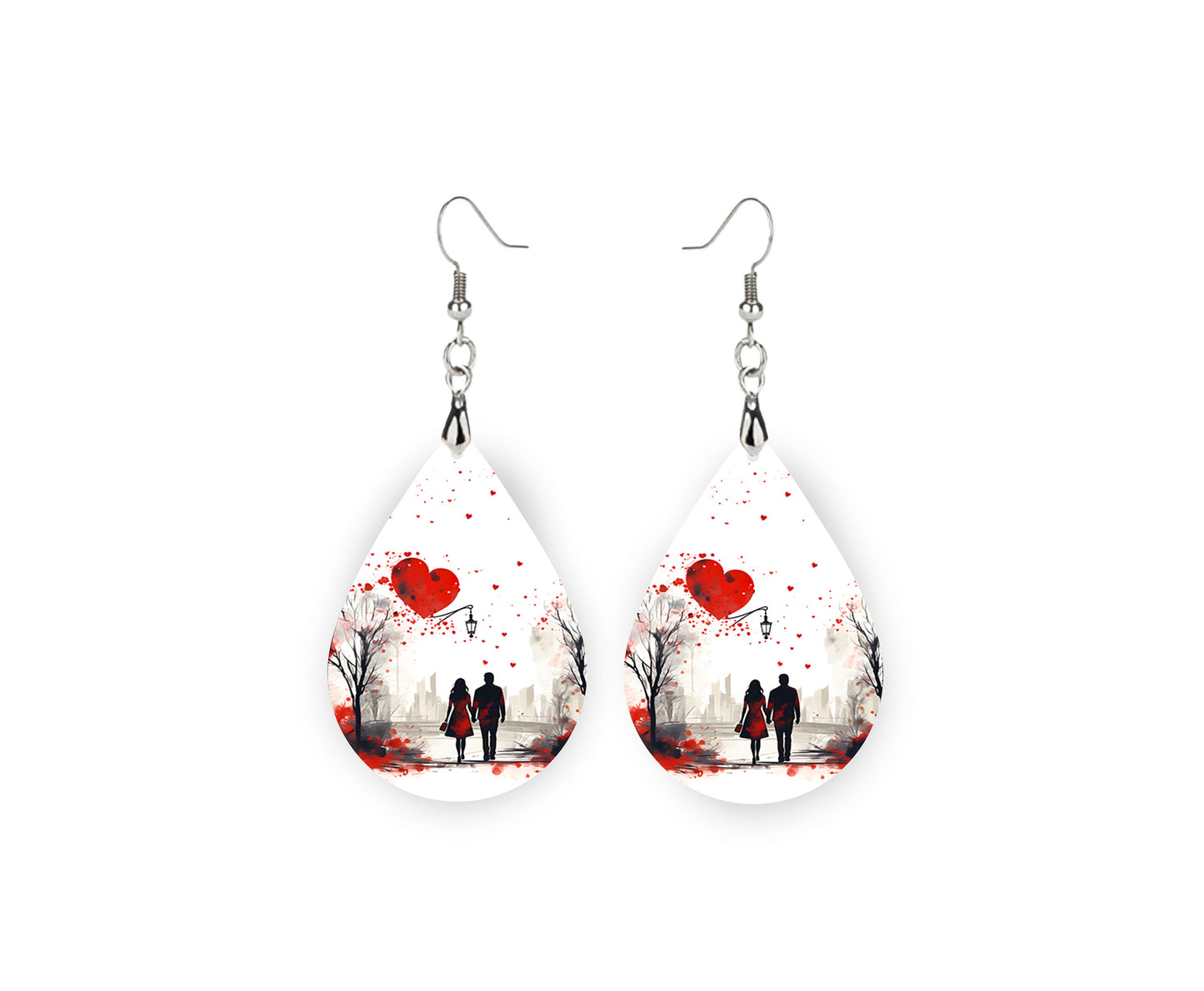 Lover's Stroll Valentine's Day Earrings, Teardrop Dangle Printed Earrings Jewelry Handmade