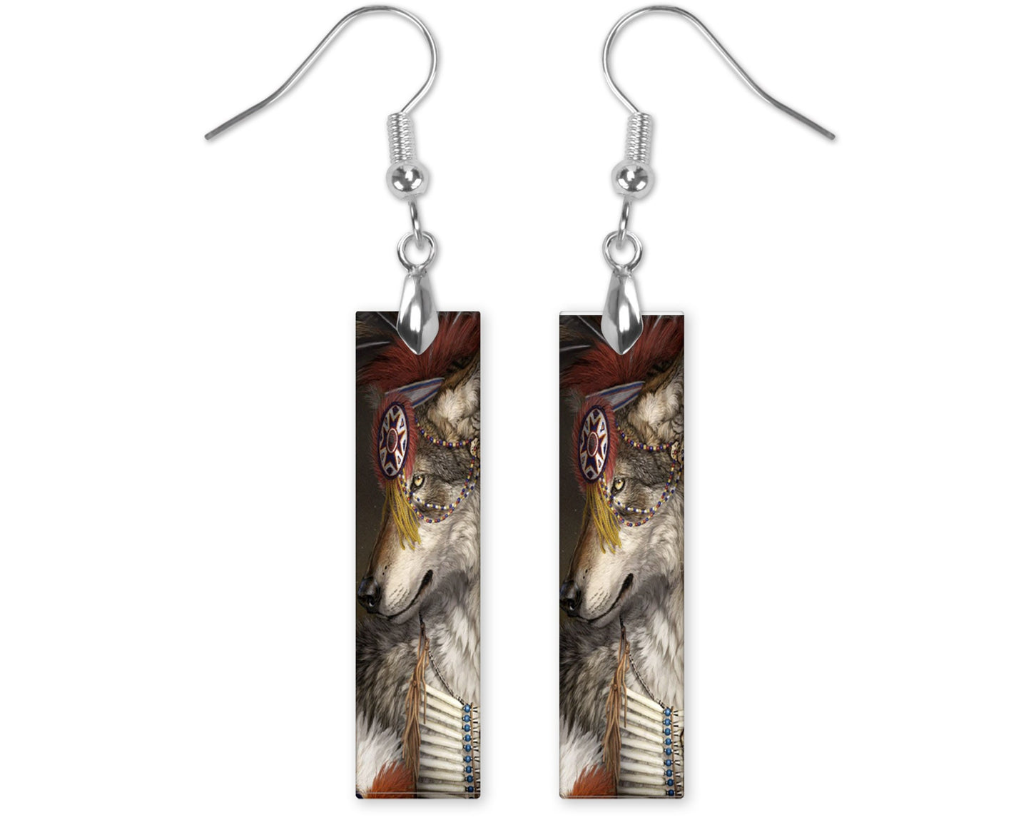 Tribal Wolf Printed Wood Dangle Earrings Hypoallergenic Jewelry Handmade