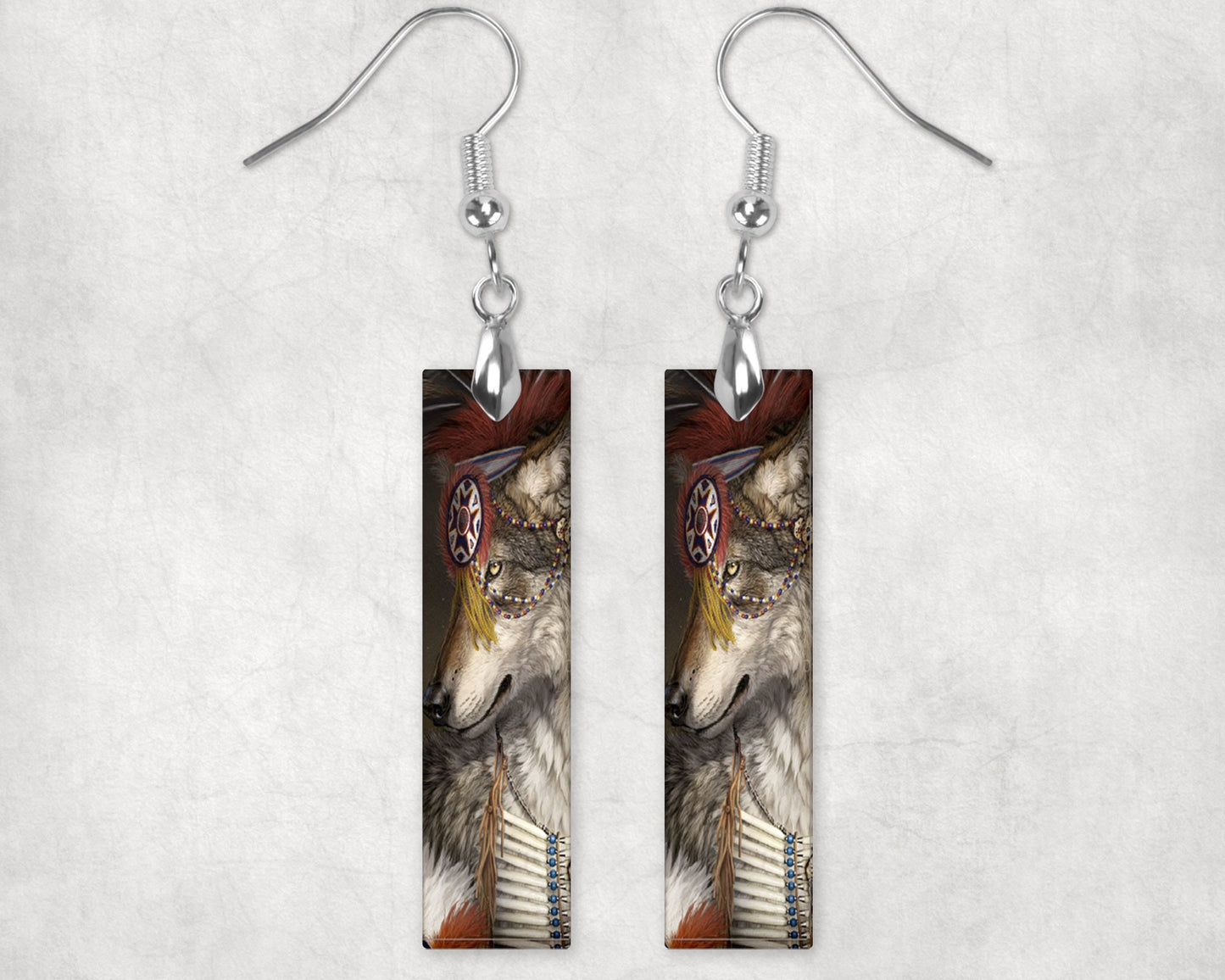 Tribal Wolf Printed Wood Dangle Earrings Hypoallergenic Jewelry Handmade