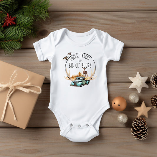 Baby Bodysuit, Ducks, Trucks and Bucks One Piece Baby Suit, Baby Gift, Long / Short Sleeve, 0-18 Months size