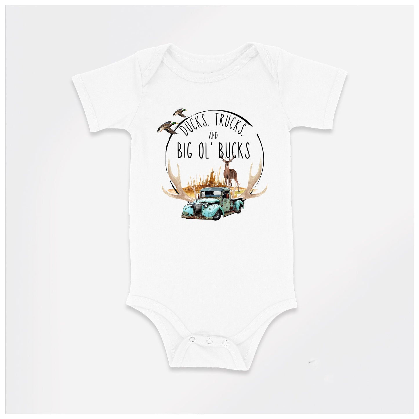 Baby Bodysuit, Ducks, Trucks and Bucks One Piece Baby Suit, Baby Gift, Long / Short Sleeve, 0-18 Months size