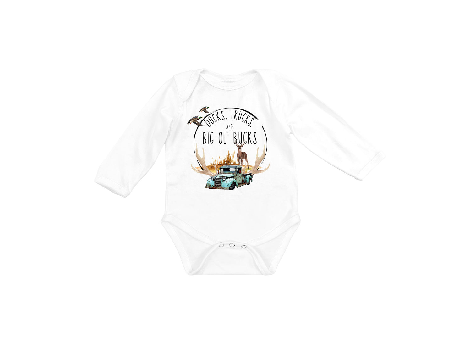 Baby Bodysuit, Ducks, Trucks and Bucks One Piece Baby Suit, Baby Gift, Long / Short Sleeve, 0-18 Months size