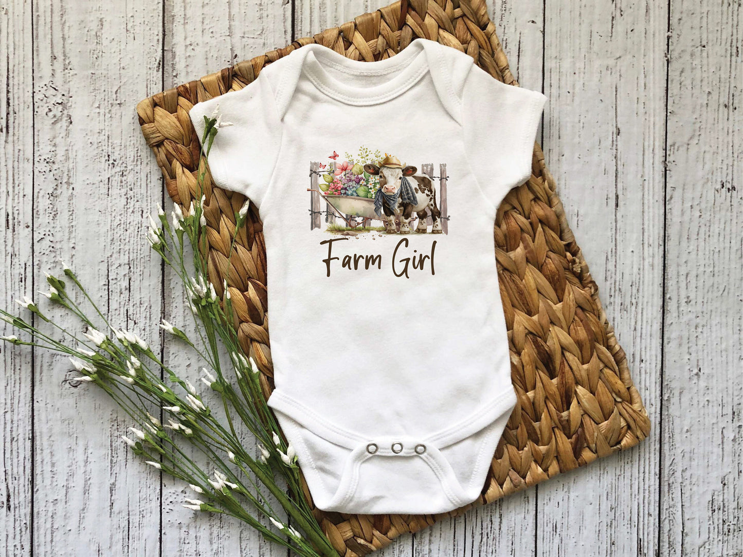 Baby Bodysuit, Farm Girl One Piece Baby Suit, Baby Gift, Long / Short Sleeve, 0-18 Months size