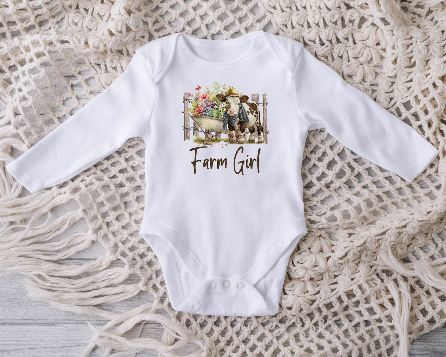 Baby Bodysuit, Farm Girl One Piece Baby Suit, Baby Gift, Long / Short Sleeve, 0-18 Months size