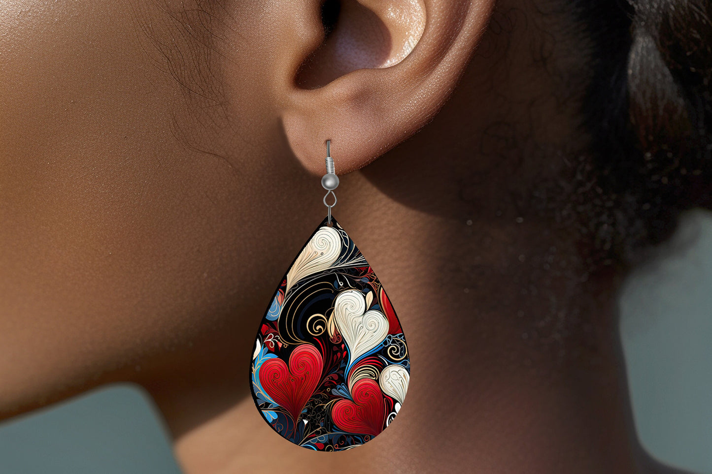 Abstract Heart Earrings Print Tear Drop Wood Dangle Earrings Hypoallergenic Jewelry, Valentine's Day