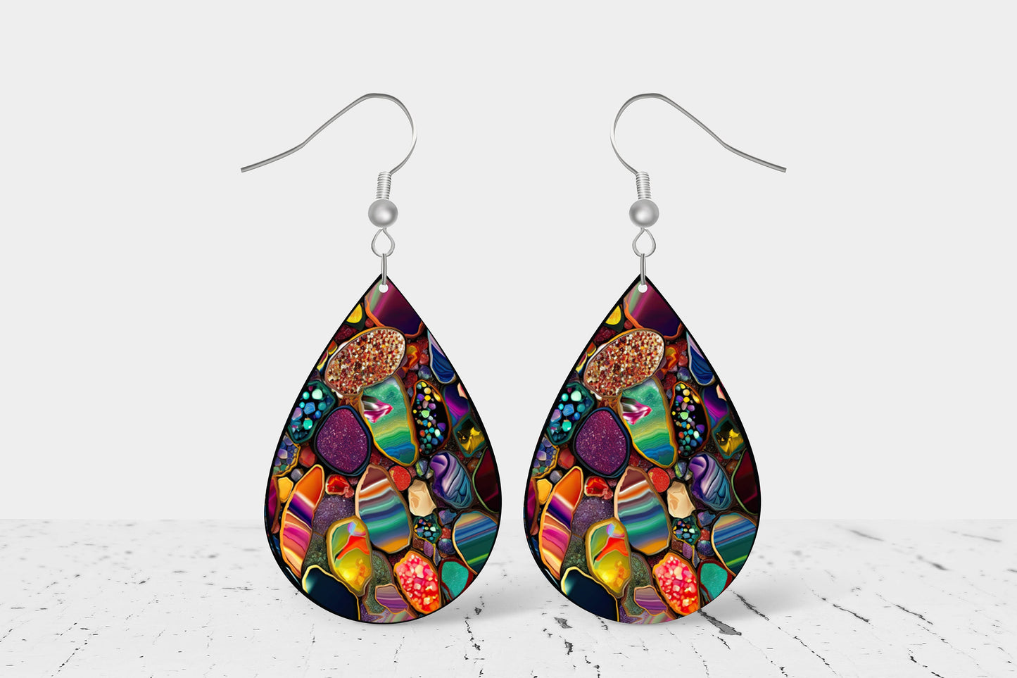 Agate Stone Print Earrings Print Tear Drop Wood Dangle Earrings Hypoallergenic Jewelry