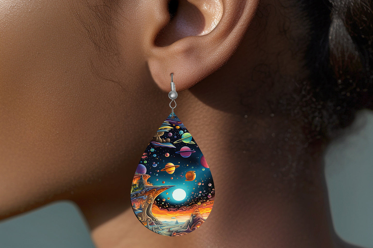 Alien Galaxy Print Earrings Print Tear Drop Wood Dangle Earrings Hypoallergenic Jewelry