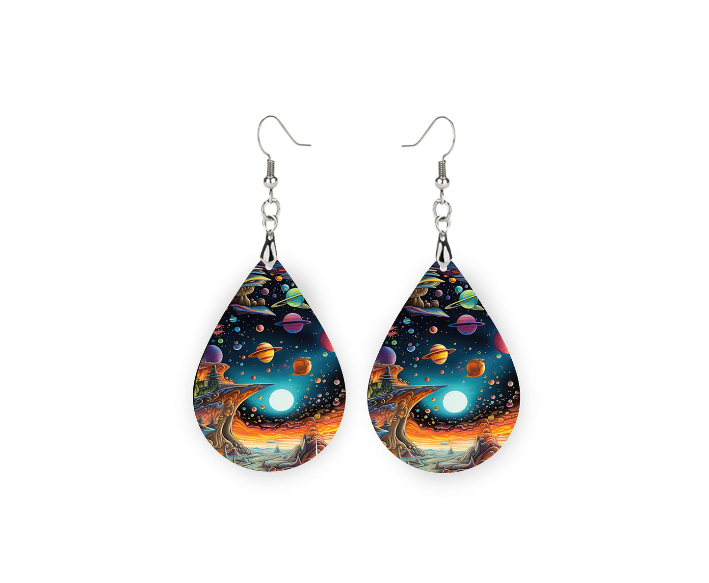 Alien Galaxy Print Earrings Print Tear Drop Wood Dangle Earrings Hypoallergenic Jewelry